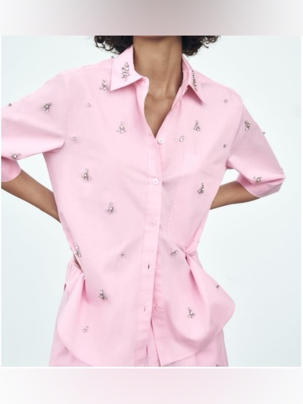 NWOT New ZARA Pink Jeweled Rhinestone Top & Bermuda Shorts Co - ord Set Large L